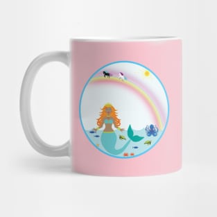 Mermaid in Sea with fish octopus crabs turtles unicorns and rainbow Mug